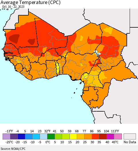 Western Africa Average Temperature (CPC) Thematic Map For 10/16/2023 - 10/22/2023