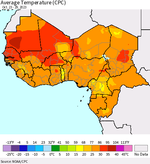 Western Africa Average Temperature (CPC) Thematic Map For 10/23/2023 - 10/29/2023