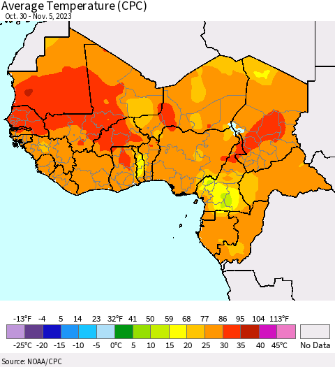 Western Africa Average Temperature (CPC) Thematic Map For 10/30/2023 - 11/5/2023