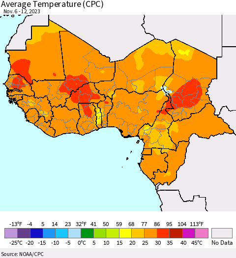 Western Africa Average Temperature (CPC) Thematic Map For 11/6/2023 - 11/12/2023