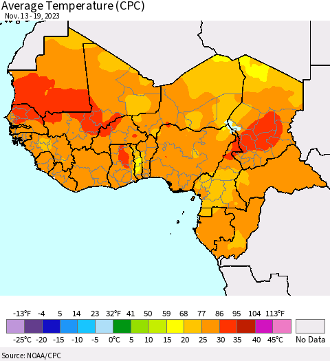 Western Africa Average Temperature (CPC) Thematic Map For 11/13/2023 - 11/19/2023
