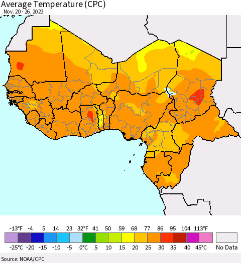 Western Africa Average Temperature (CPC) Thematic Map For 11/20/2023 - 11/26/2023