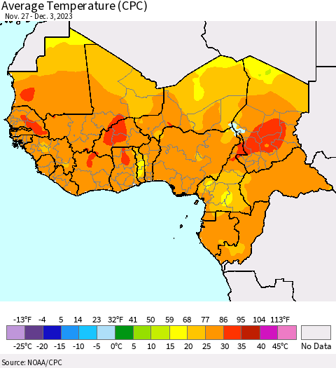 Western Africa Average Temperature (CPC) Thematic Map For 11/27/2023 - 12/3/2023