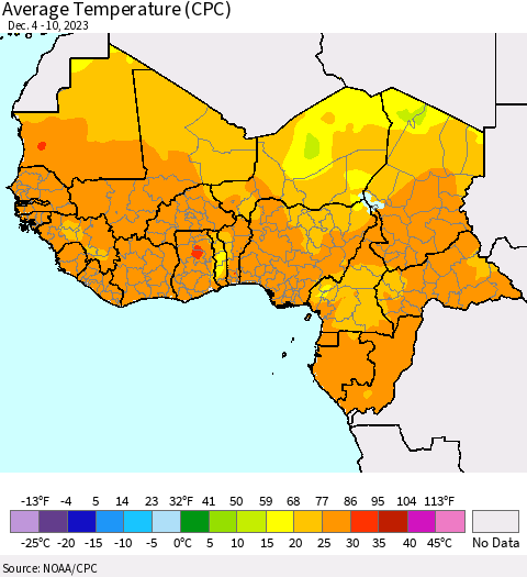 Western Africa Average Temperature (CPC) Thematic Map For 12/4/2023 - 12/10/2023