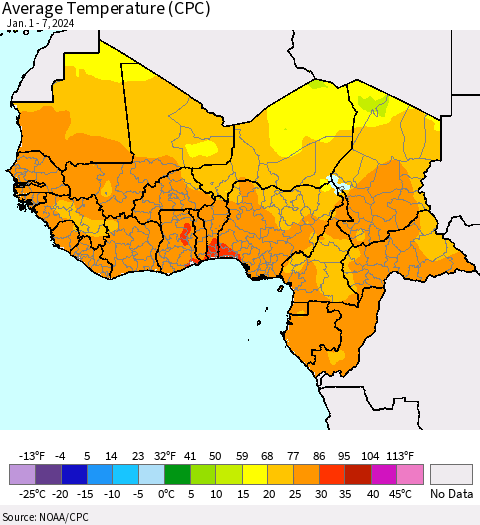 Western Africa Average Temperature (CPC) Thematic Map For 1/1/2024 - 1/7/2024