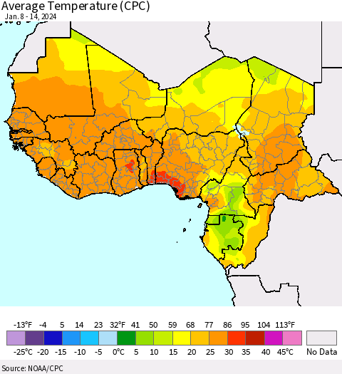 Western Africa Average Temperature (CPC) Thematic Map For 1/8/2024 - 1/14/2024