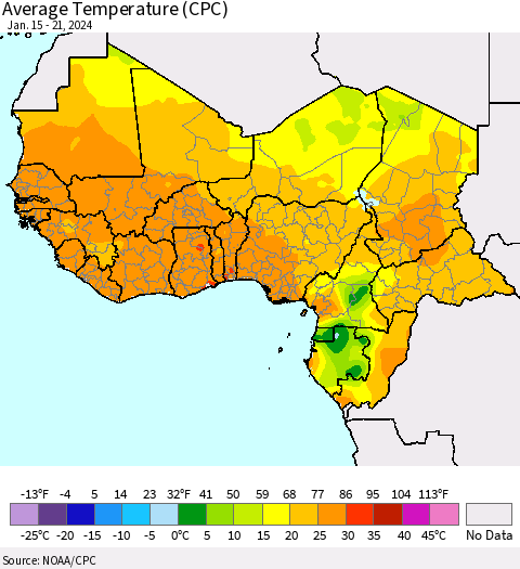 Western Africa Average Temperature (CPC) Thematic Map For 1/15/2024 - 1/21/2024