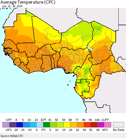 Western Africa Average Temperature (CPC) Thematic Map For 1/22/2024 - 1/28/2024
