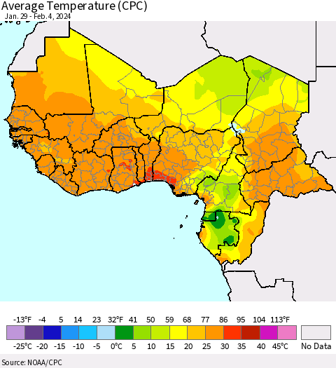 Western Africa Average Temperature (CPC) Thematic Map For 1/29/2024 - 2/4/2024