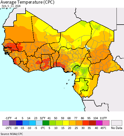 Western Africa Average Temperature (CPC) Thematic Map For 2/5/2024 - 2/11/2024