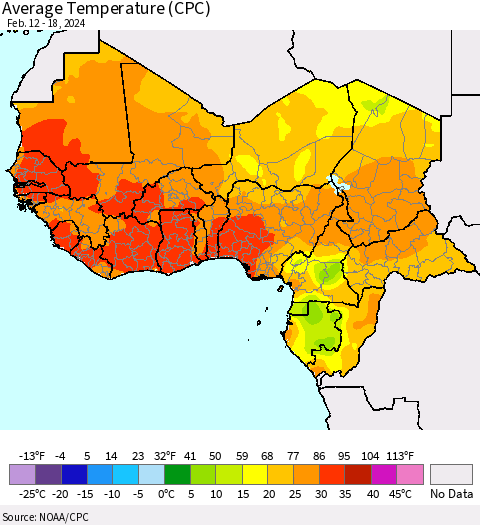 Western Africa Average Temperature (CPC) Thematic Map For 2/12/2024 - 2/18/2024
