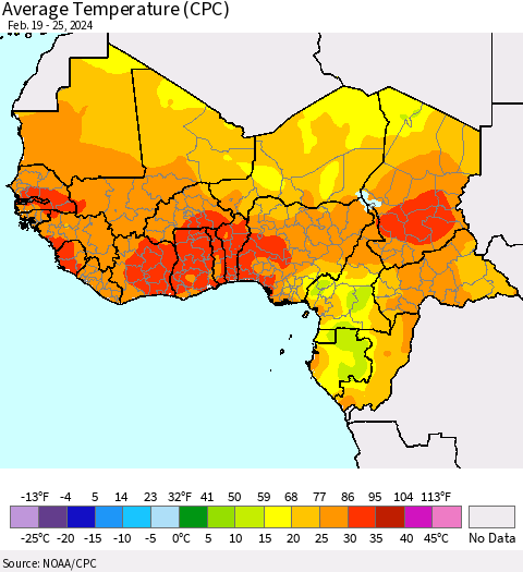 Western Africa Average Temperature (CPC) Thematic Map For 2/19/2024 - 2/25/2024
