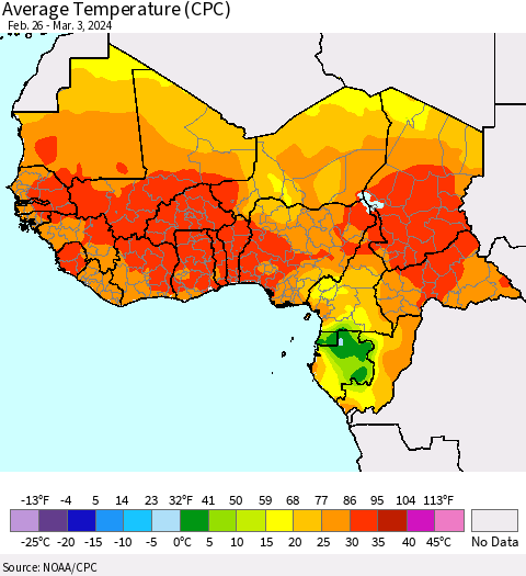 Western Africa Average Temperature (CPC) Thematic Map For 2/26/2024 - 3/3/2024