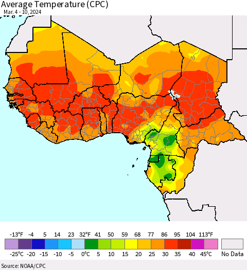 Western Africa Average Temperature (CPC) Thematic Map For 3/4/2024 - 3/10/2024