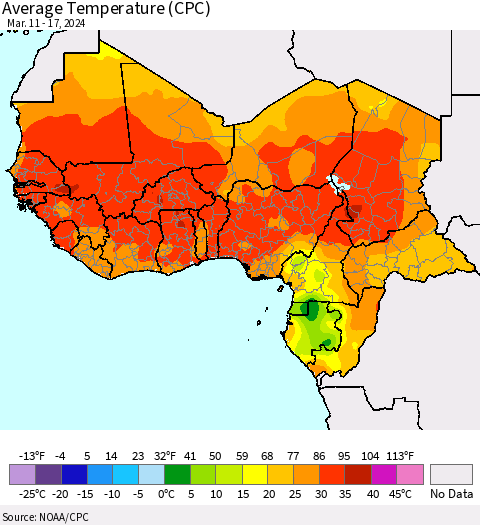 Western Africa Average Temperature (CPC) Thematic Map For 3/11/2024 - 3/17/2024