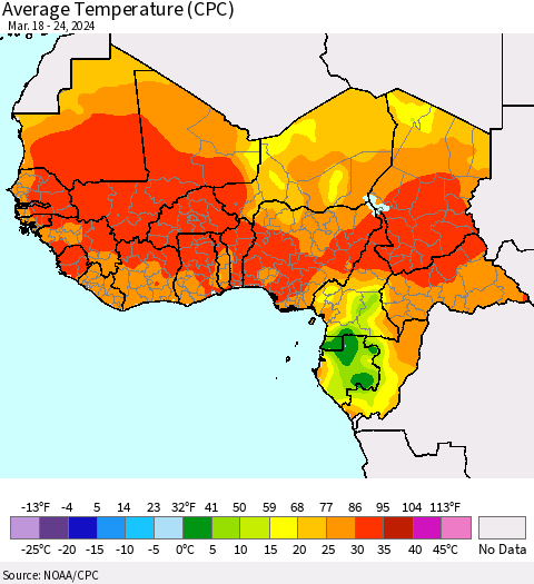 Western Africa Average Temperature (CPC) Thematic Map For 3/18/2024 - 3/24/2024