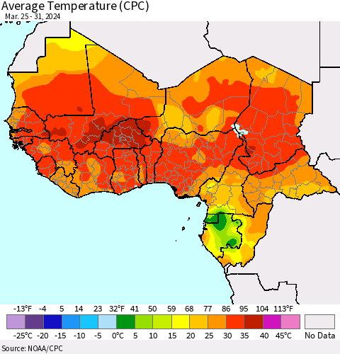 Western Africa Average Temperature (CPC) Thematic Map For 3/25/2024 - 3/31/2024