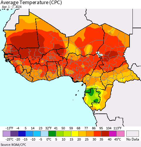Western Africa Average Temperature (CPC) Thematic Map For 4/1/2024 - 4/7/2024