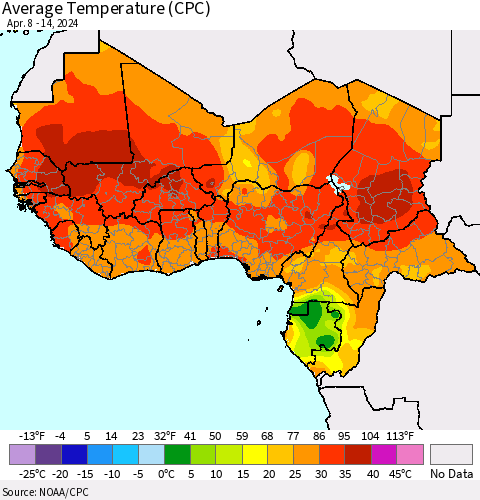 Western Africa Average Temperature (CPC) Thematic Map For 4/8/2024 - 4/14/2024