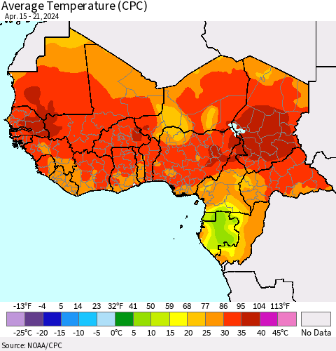 Western Africa Average Temperature (CPC) Thematic Map For 4/15/2024 - 4/21/2024