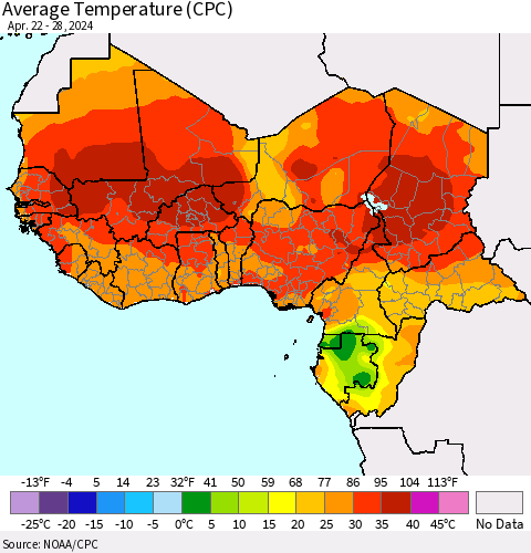 Western Africa Average Temperature (CPC) Thematic Map For 4/22/2024 - 4/28/2024