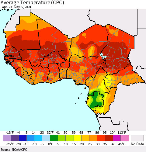 Western Africa Average Temperature (CPC) Thematic Map For 4/29/2024 - 5/5/2024