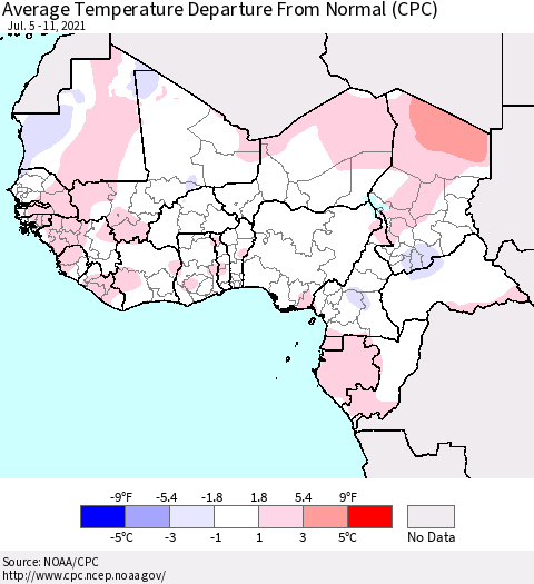 Western Africa Average Temperature Departure from Normal (CPC) Thematic Map For 7/5/2021 - 7/11/2021