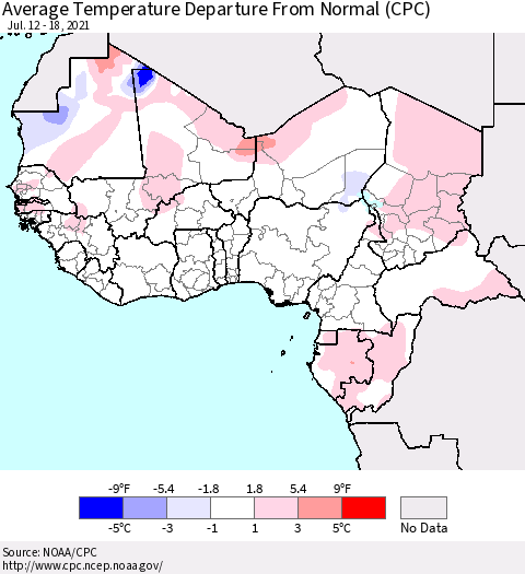 Western Africa Average Temperature Departure from Normal (CPC) Thematic Map For 7/12/2021 - 7/18/2021
