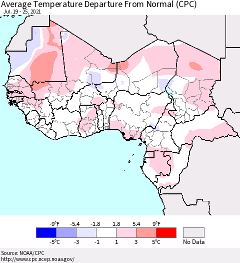 Western Africa Average Temperature Departure from Normal (CPC) Thematic Map For 7/19/2021 - 7/25/2021