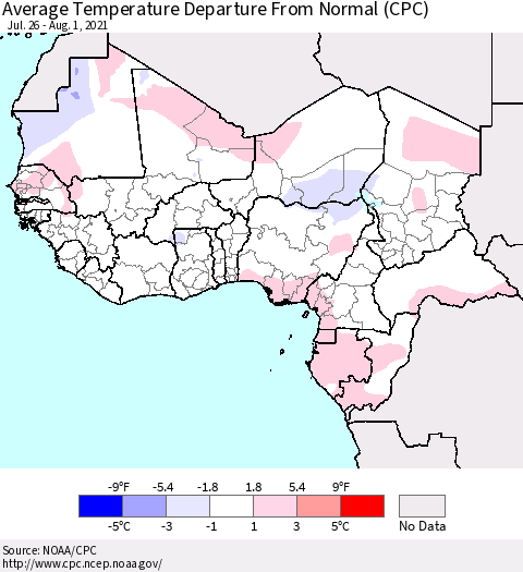 Western Africa Average Temperature Departure from Normal (CPC) Thematic Map For 7/26/2021 - 8/1/2021