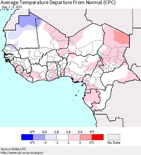 Western Africa Average Temperature Departure from Normal (CPC) Thematic Map For 8/2/2021 - 8/8/2021