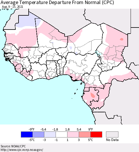 Western Africa Average Temperature Departure from Normal (CPC) Thematic Map For 8/9/2021 - 8/15/2021