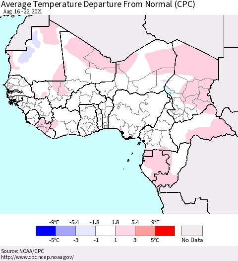 Western Africa Average Temperature Departure from Normal (CPC) Thematic Map For 8/16/2021 - 8/22/2021