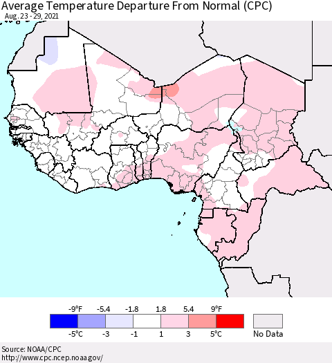 Western Africa Average Temperature Departure from Normal (CPC) Thematic Map For 8/23/2021 - 8/29/2021