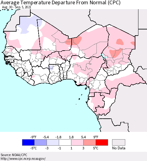 Western Africa Average Temperature Departure from Normal (CPC) Thematic Map For 8/30/2021 - 9/5/2021