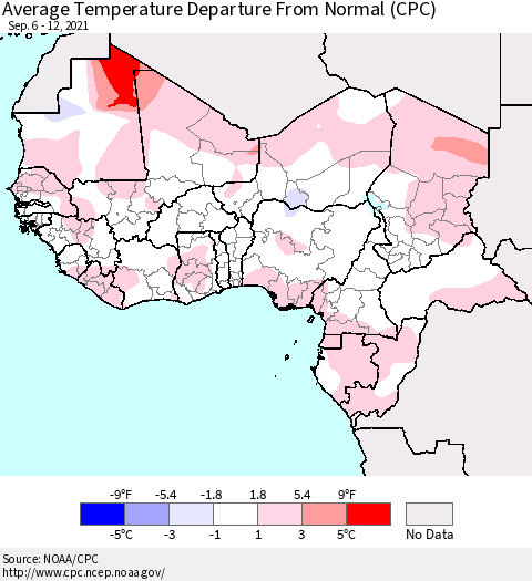 Western Africa Average Temperature Departure from Normal (CPC) Thematic Map For 9/6/2021 - 9/12/2021