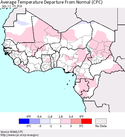 Western Africa Average Temperature Departure from Normal (CPC) Thematic Map For 9/13/2021 - 9/19/2021