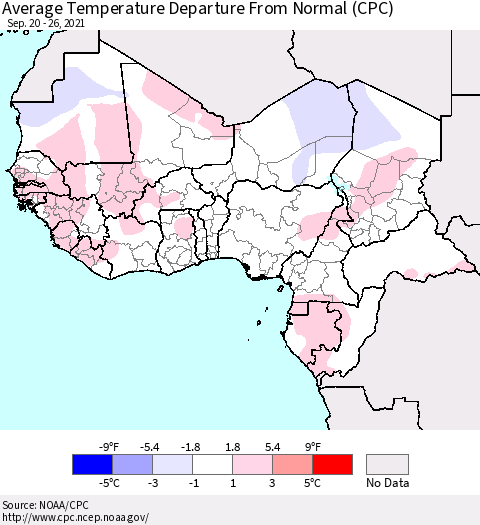 Western Africa Average Temperature Departure from Normal (CPC) Thematic Map For 9/20/2021 - 9/26/2021