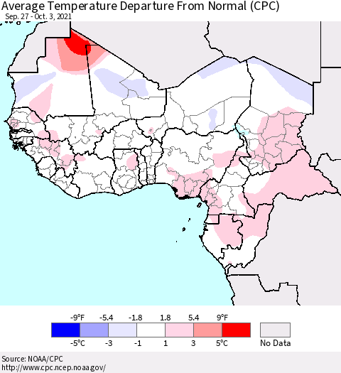 Western Africa Average Temperature Departure from Normal (CPC) Thematic Map For 9/27/2021 - 10/3/2021