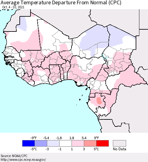 Western Africa Average Temperature Departure from Normal (CPC) Thematic Map For 10/4/2021 - 10/10/2021