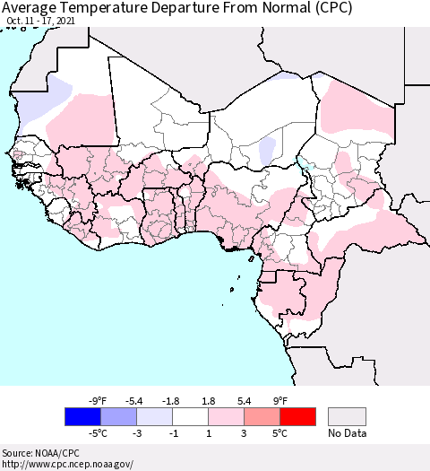 Western Africa Average Temperature Departure from Normal (CPC) Thematic Map For 10/11/2021 - 10/17/2021