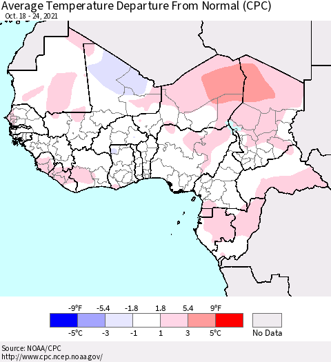 Western Africa Average Temperature Departure from Normal (CPC) Thematic Map For 10/18/2021 - 10/24/2021