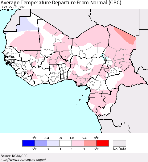 Western Africa Average Temperature Departure from Normal (CPC) Thematic Map For 10/25/2021 - 10/31/2021