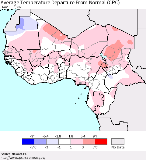 Western Africa Average Temperature Departure from Normal (CPC) Thematic Map For 11/1/2021 - 11/7/2021