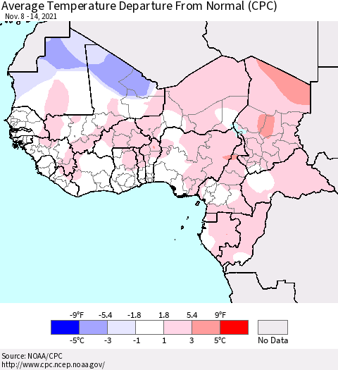 Western Africa Average Temperature Departure from Normal (CPC) Thematic Map For 11/8/2021 - 11/14/2021
