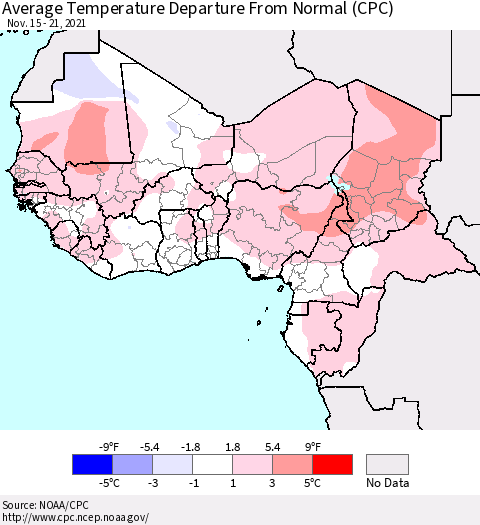 Western Africa Average Temperature Departure from Normal (CPC) Thematic Map For 11/15/2021 - 11/21/2021