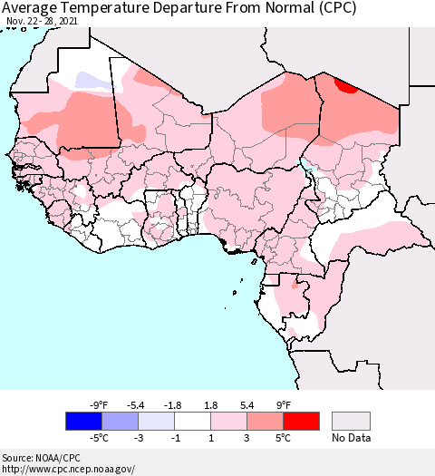 Western Africa Average Temperature Departure from Normal (CPC) Thematic Map For 11/22/2021 - 11/28/2021