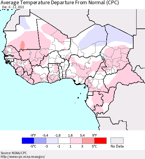 Western Africa Average Temperature Departure from Normal (CPC) Thematic Map For 12/6/2021 - 12/12/2021