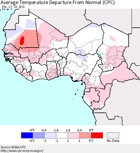 Western Africa Average Temperature Departure from Normal (CPC) Thematic Map For 12/13/2021 - 12/19/2021