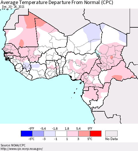 Western Africa Average Temperature Departure from Normal (CPC) Thematic Map For 12/20/2021 - 12/26/2021
